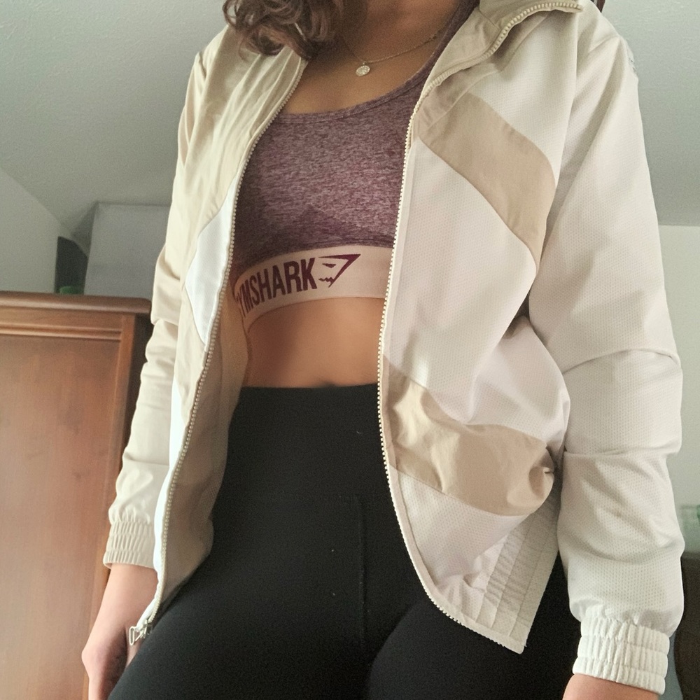 tan & white adidas jacket